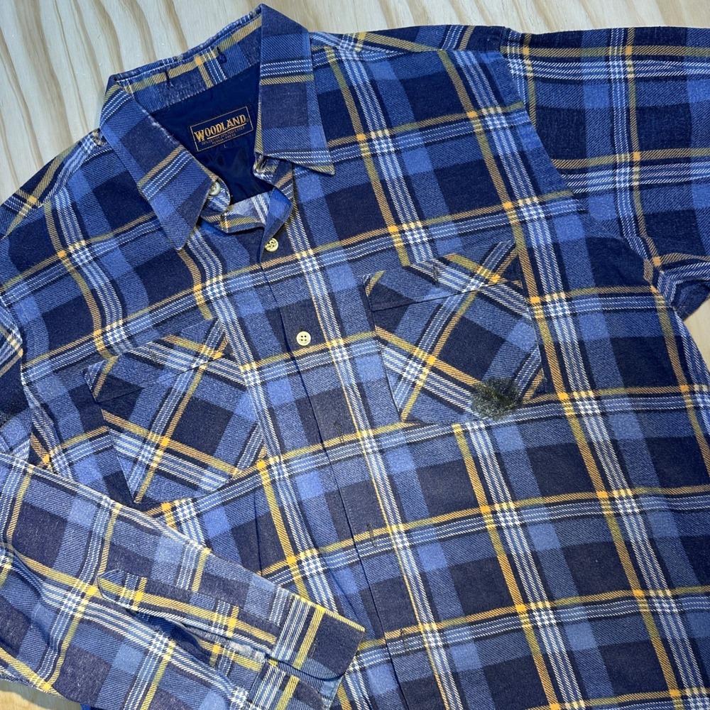 80s Woodland Mens Large Blue Yellow Plaid Flannel Long Sleeve Work Shirt